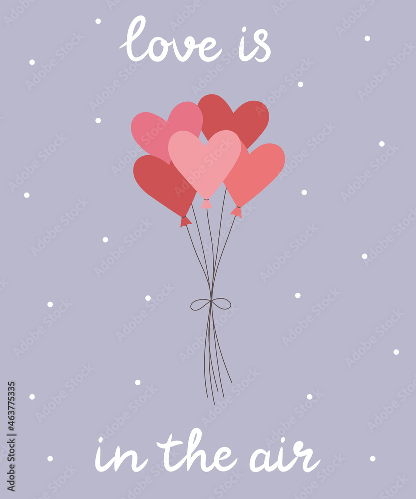 Cute pink balloons hearts. Love is in the air. Love and Valentine's day concept. Template for greeting cards, postcards, invitations, posters. Vector illustration