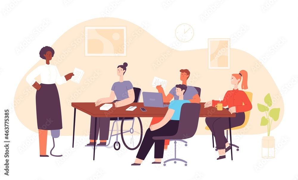 Inclusive office workplace with diverse people at business meeting. Work team with disabled and multicultural employee talk vector concept Inclusive office workplace with diverse people at business meeting. Work team with disabled and multicultural employee talk vector concept