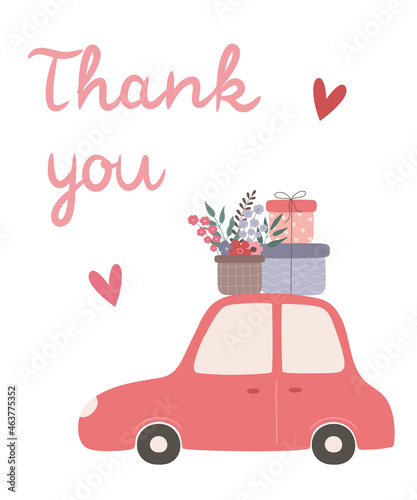 Cute red car with gifts and flowers. Love and Valentine's day concept. Vector illustration for greeting card, postcard, poster