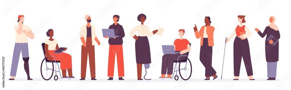 Flat diverse group of business people and office worker. Teamwork inclusion with muslim, black and active disabled characters vector concept - obrazy, fototapety, plakaty 