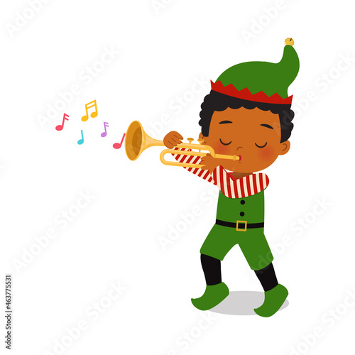 Cute boy in Christmas elf costume playing instrument. Flat vector cartoon design