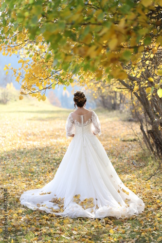 Beauty romantic young woman in long tulle lace white dress posing in fantasy autumn forest