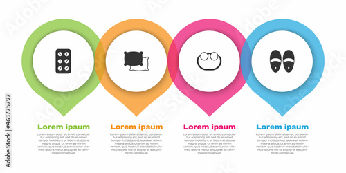 Set Pills in blister pack, Pillow, Eyeglasses and Slippers. Business infographic template. Vector