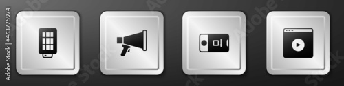 Set Softbox light, Megaphone, Photo and video shooting and Online play icon. Silver square button. Vector