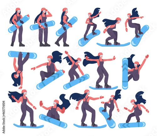 Female character on snowboard set. Snowboarder riding and jumping