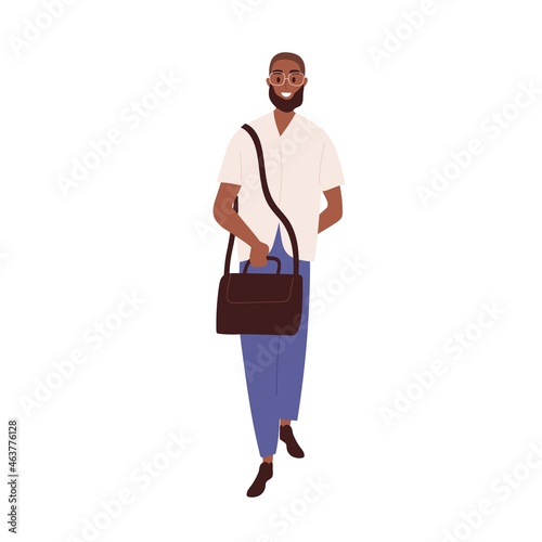 Happy black man full-length portrait. Modern young bearded person in glasses. Smiling African-American guy in casual clothes walking with bag. Flat vector illustration isolated on white background