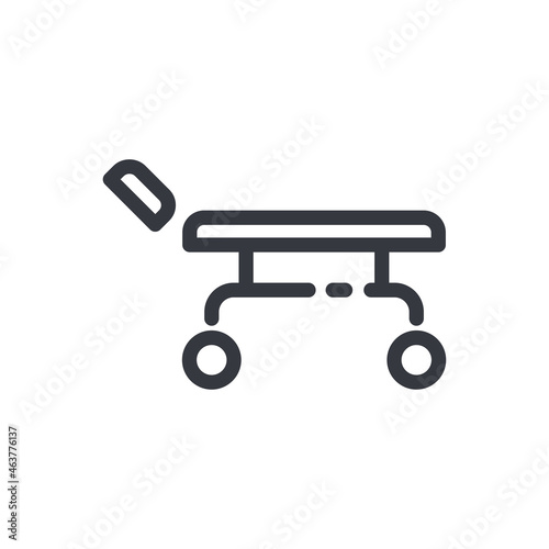 Black linear medical icon of medical gurney isolated on transparent background