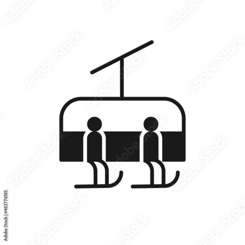 Isolated black icon of skiers on chair lift on white background. Silhouette of chair lift. Logo flat design. Winter mountain sport.
