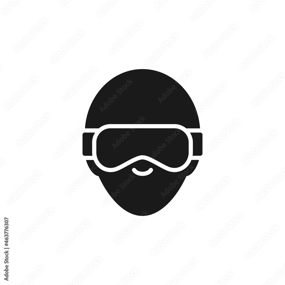 Isolated black icon of head of skier or snowboarder in mask and helmet on white background. Silhouette of head with protection. Logo flat design. Winter mountain sport equipment.
