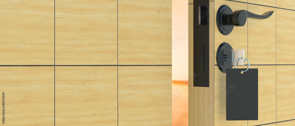 Hotel door key with blank label in the keyhole. 3d illustration