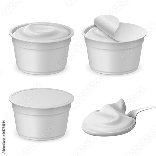 Realistic closed and open packaging cup and spoon with yogurt. Cheese, sour or ice cream plastic package mockup. 3d dairy product vector set