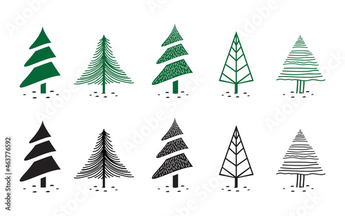 Christmas tree illustration set - various tree shapes in a hand-drawn style.