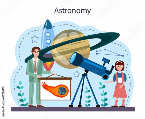 Astronomy school subject. Students looking through a telescope