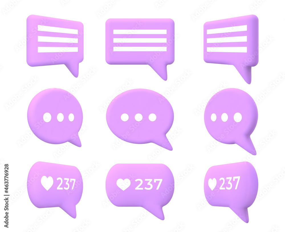 Chat or message speech bubble 3d turn animation. Cartoon comment box icon with likes count for social media or talk messenger app vector set Chat or message speech bubble 3d turn animation. Cartoon comment box icon with likes count for social media or talk messenger app vector set