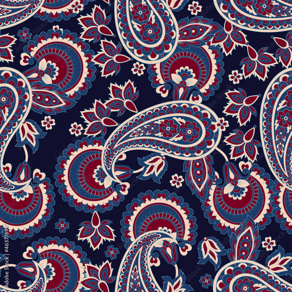 Fototapeta Seamless Paisley pattern in indian batik style. Floral vector illustration