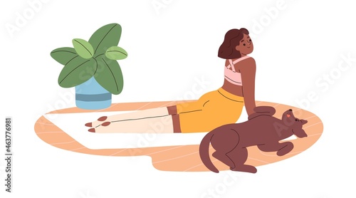 Woman doing yoga exercise, Cobra Pose, with cute dog at home. Happy person practicing stretching workout with pet, training on mat indoors. Flat vector illustration isolated on white background