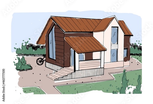 Country house exterior. Modern cottage sketch. Outdoor of home building. Residential property facade. Village real estate architecture. Hand-drawn vector illustration isolated on white background