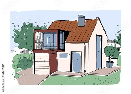 Country house exterior. Cottage facade sketch. Outside of village home building. Residential property in nature. Rural real estate architecture. Drawn vector illustration isolated on white background