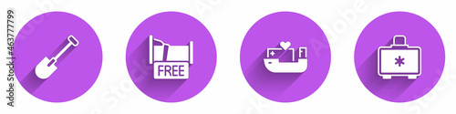 Set Shovel, Free overnight stay house, Humanitarian ship and First aid kit icon with long shadow. Vector