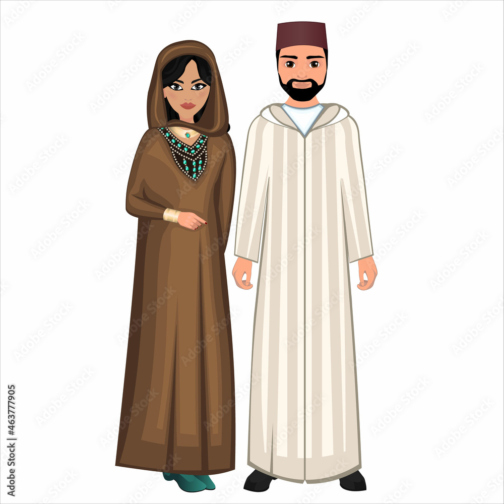 Woman and man in folk national Moroccan costumes. Vector illustration