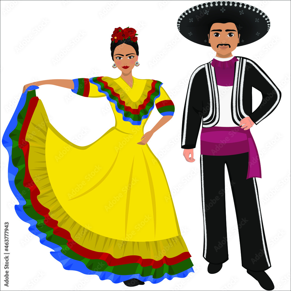 Woman and man in folk national Mexican costumes. Vector illustration