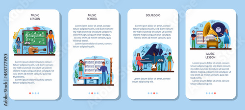 Music club or school mobile application banner set. Students learn to play