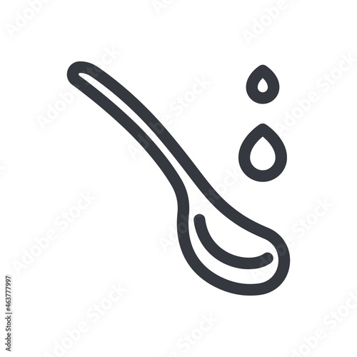 Black linear medical icon of spoon with drops of vitamins isolated on transparent background.