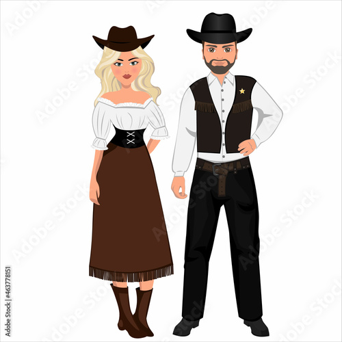 Woman and man in folk national American costumes. Vector illustration