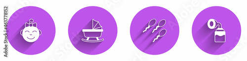 Set Little girl head, Baby stroller, Sperm and Breast pump icon with long shadow. Vector