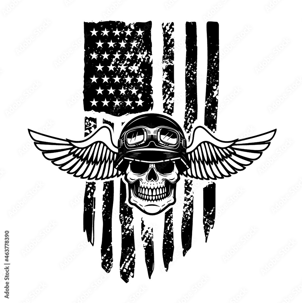 Skull in winged helmet on american flag background. Design element for
