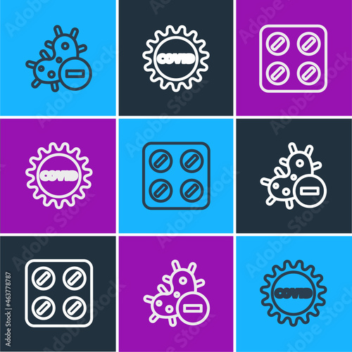 Set line Negative virus, Pills in blister pack and Corona covid-19 icon. Vector