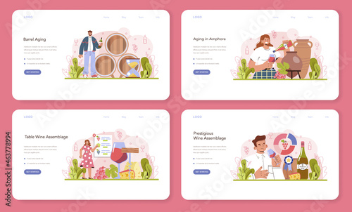 Wine production web banner or landing page set. Wine aging in a wood barrel