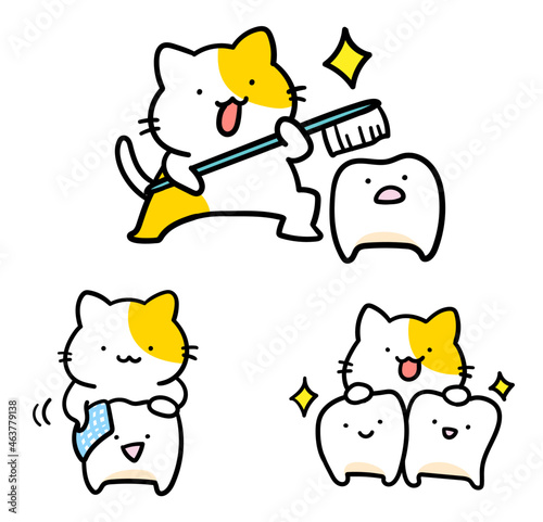 歯をケアするかわいいねこの手書き風キャラクターイラスト
