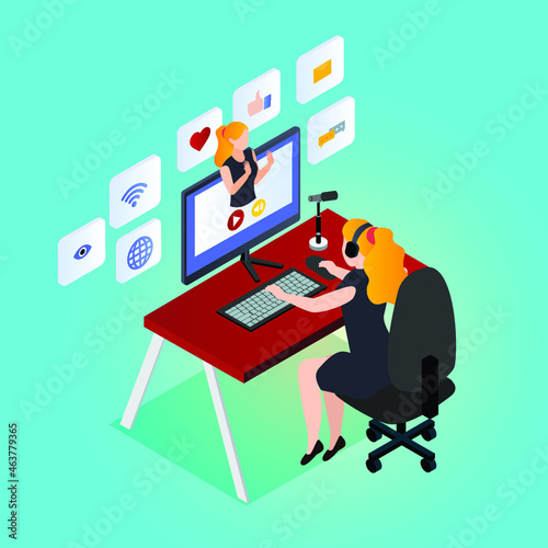 Female concent creator 3d isometric vector illustration concept for banner, website, landing page, ads, flyer template