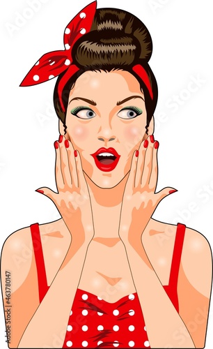 The girl in red expresses the emotion of surprise. Pin-up style illustration. Vector. Isolated