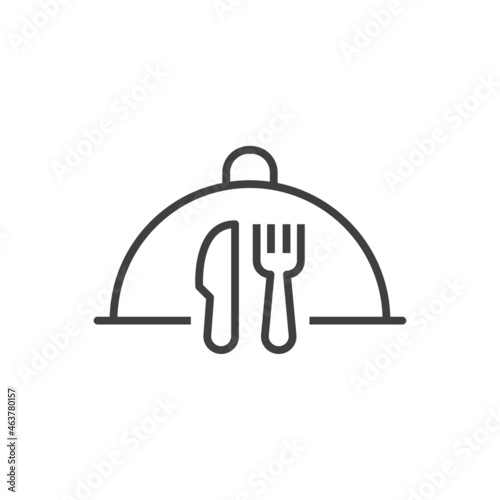 Comida para llevar. Bandeja con cubiertos. Logotipo bandeja de comida con tapa con cuchillo y tenedor con lineas en color gris