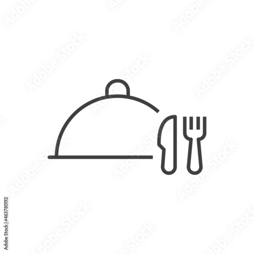 Comida para llevar. Bandeja con cubiertos. Logotipo bandeja de comida con tapa con cuchillo y tenedor con lineas en color gris
