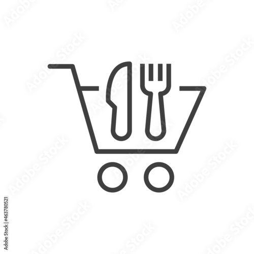 Comida para llevar. Carreta con cubiertos. Logotipo carrito de la compra con cuchillo y tenedor con lineas en color gris