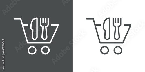 Comida para llevar. Carreta con cubiertos. Logotipo carrito de la compra con cuchillo y tenedor con lineas en fondo gris y fondo blanco