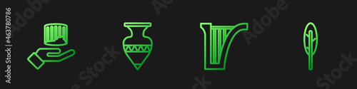 Set line Harp, Ancient column, amphorae and Feather pen. Gradient color icons. Vector