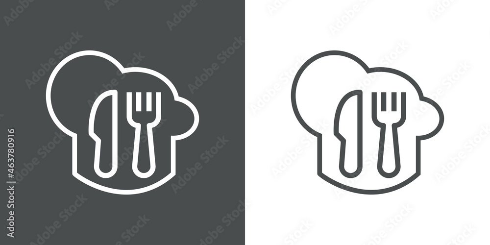 Logotipo gorro de cocinero con cubiertos con lineas en fondo gris y fondo blanco Logotipo gorro de cocinero con cubiertos con lineas en fondo gris y fondo blanco
