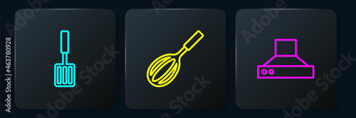Set line Barbecue spatula, Kitchen extractor fan and whisk. Black square button. Vector