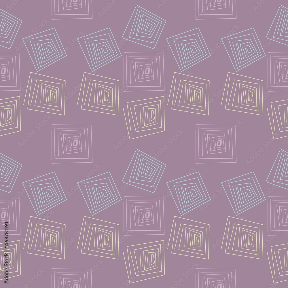 Seamless abstract geometry pattern. Simple background on blue, violet, light yellow colors. Illustration. Abstract squares. Designed for textile fabrics, wrapping paper, background, wallpaper, cover.