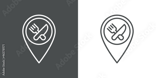 Buscar restaurante. Logotipo puntero de posición con cubiertos cruzados con lineas en fondo gris y fondo banco