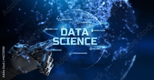 Data Science analytics analysis information technology concept. Robotic arm 3d rendering.