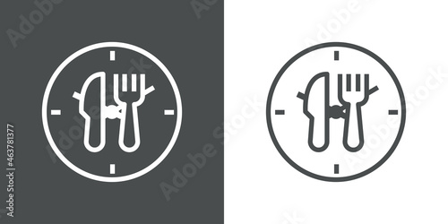 Reloj con cubiertos. Descanso para comer. Logotipo con esfera de reloj con tenedor y cuchillo con lineas en fondo gris y fondo blanco