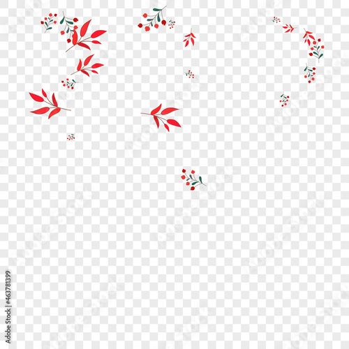 Pink Foliage Background Transparent Vector. Rowan Seamless Design. Green Leaves. Red Berries Drawn. Material Texture.