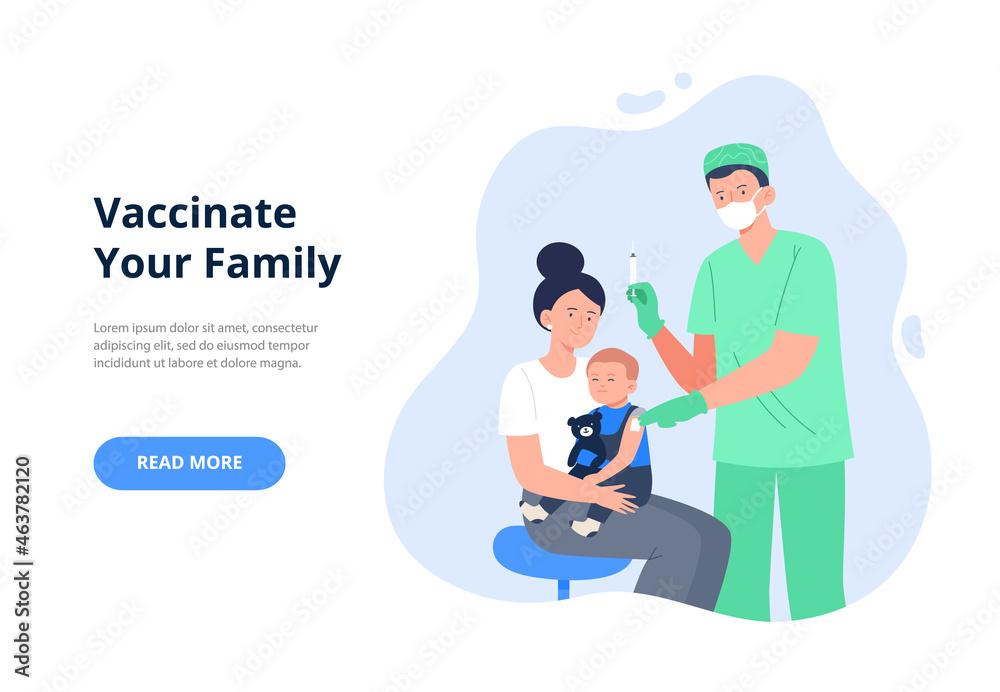 Medical doctor injecting vaccine to a mother and child. Process of immunization against covid-19. Diseases, and viruses prevention concept. Vector flat illustration.