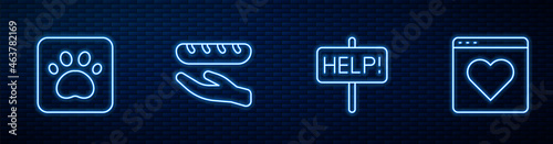 Set line Help sign, Paw print, Donation food and Dating app online. Glowing neon icon on brick wall. Vector