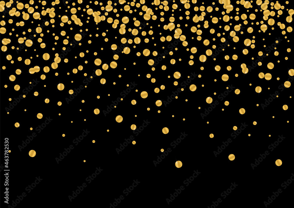 Golden Glow Circle Texture. Metallic Confetti Design. Gold Dot Wedding Background. Celebration Glitter Particles. Yellow Random Frame.